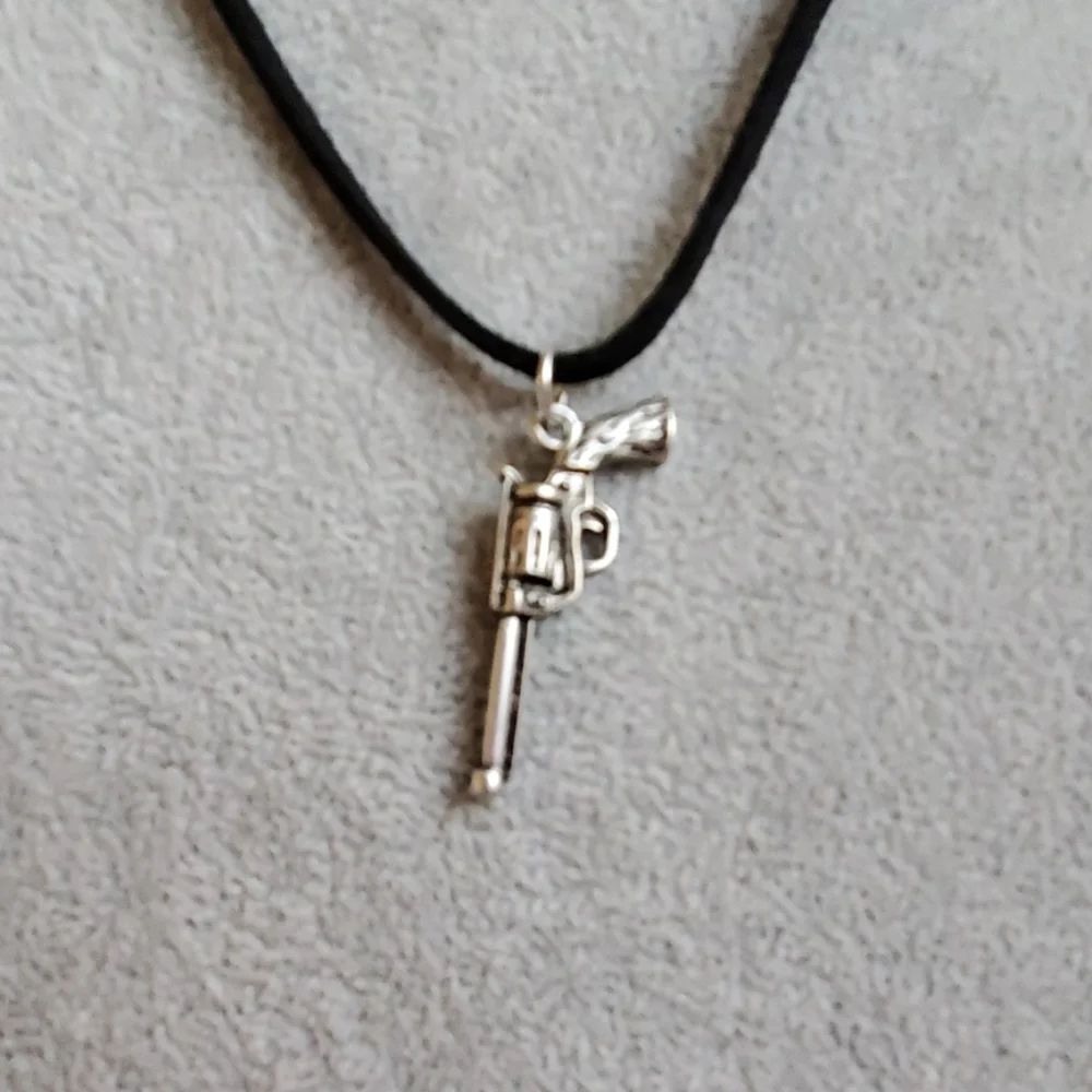 Mens silver revolver gun charm black suede necklace